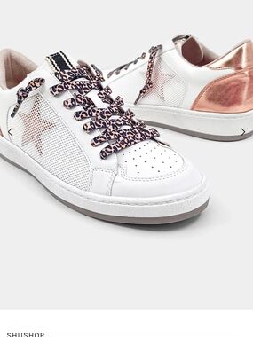 ShuShop White Sneakers with Rose Gold Heel & Leopard Laces
